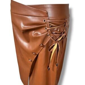 Liumilac Brown Faux Leather Midi Skirt L | Corset Lace Up Goth Grunge Skirt Fall